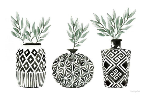 Geometric Vases I Green Black Ornate Wood Framed Art Print with Double Matting by Charro, Mercedes Lopez