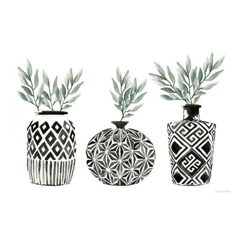 Geometric Vases I Green Gold Ornate Wood Framed Art Print with Double Matting by Charro, Mercedes Lopez