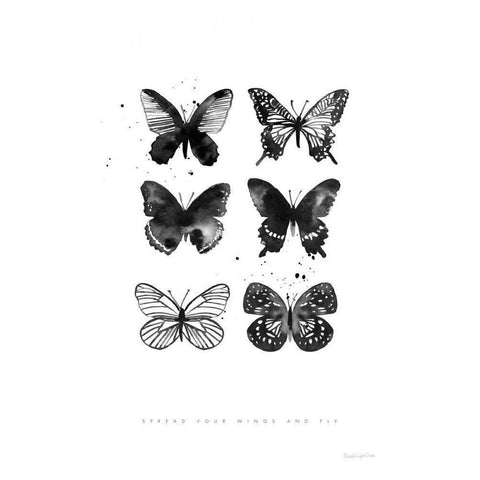 Six Inky Butterflies Gold Ornate Wood Framed Art Print with Double Matting by Charro, Mercedes Lopez