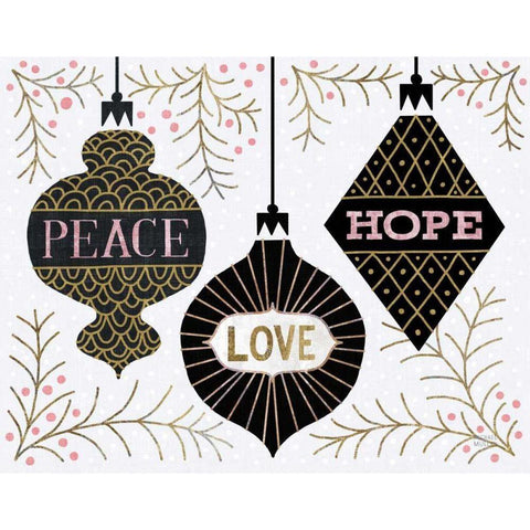 Jolly Holiday Ornaments Peace Love Joy Gold Ornate Wood Framed Art Print with Double Matting by Mullan, Michael
