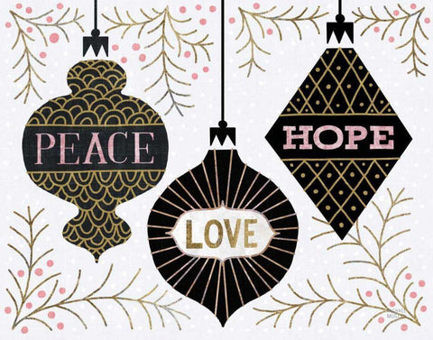 Jolly Holiday Ornaments Peace Love Joy White Modern Wood Framed Art Print with Double Matting by Mullan, Michael
