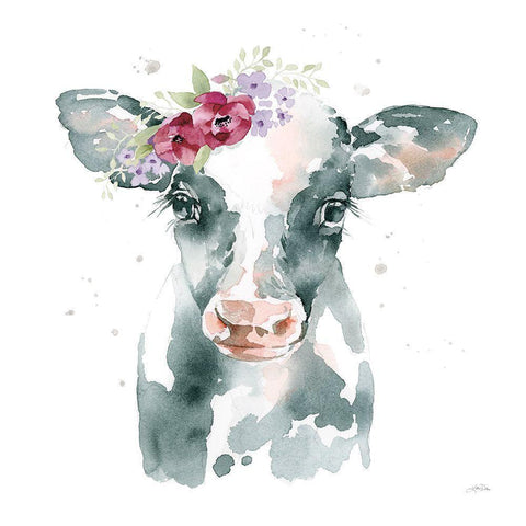 Floral Cow Pink Sq Gold Ornate Wood Framed Art Print with Double Matting by Pete, Katrina