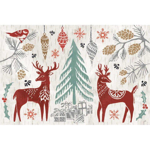 Woodcut Christmas I Color Gold Ornate Wood Framed Art Print with Double Matting by Brissonnet, Daphne