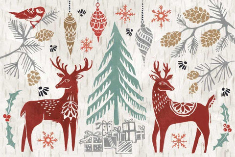 Woodcut Christmas I Color White Modern Wood Framed Art Print with Double Matting by Brissonnet, Daphne
