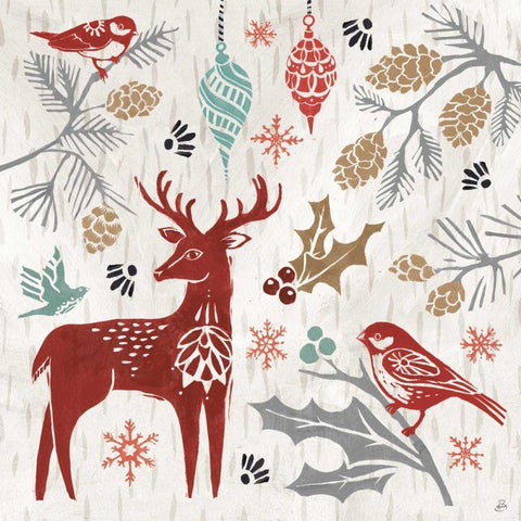 Woodcut Christmas III Color White Modern Wood Framed Art Print with Double Matting by Brissonnet, Daphne