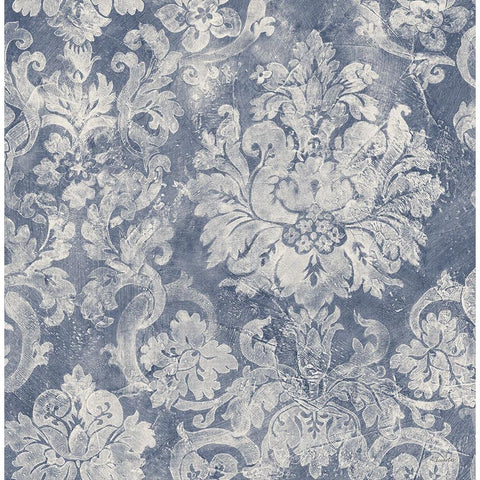 Blue Damask Gold Ornate Wood Framed Art Print with Double Matting by Hristova, Albena