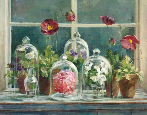 Purple Poppies Windowsill Crop White Modern Wood Framed Art Print with Double Matting by Nai, Danhui