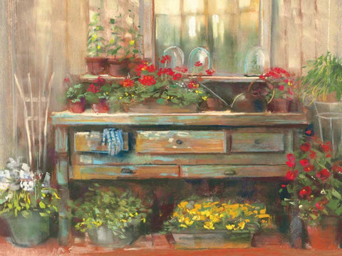 Gardners Table Black Ornate Wood Framed Art Print with Double Matting by Rowan, Carol