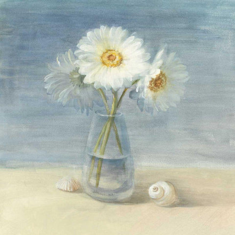 Daisies and Shells - Wag White Modern Wood Framed Art Print with Double Matting by Nai, Danhui