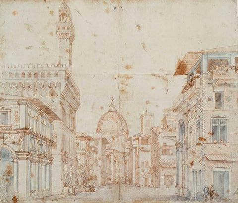 Firenze Perspective White Modern Wood Framed Art Print with Double Matting by Peruzzi, Baldassare