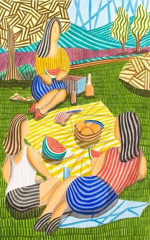 Tres Chicas merendando en el Campo White Modern Wood Framed Art Print with Double Matting by Ortas, Javier