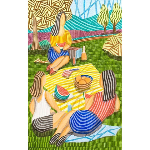 Tres Chicas merendando en el Campo Black Modern Wood Framed Art Print by Ortas, Javier