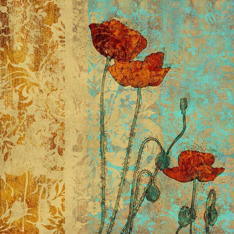Poppies and Damask I Black Ornate Wood Framed Art Print with Double Matting by Montillio, Louise