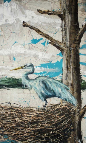 Midway Heron I White Modern Wood Framed Art Print with Double Matting by Wickey, Allison