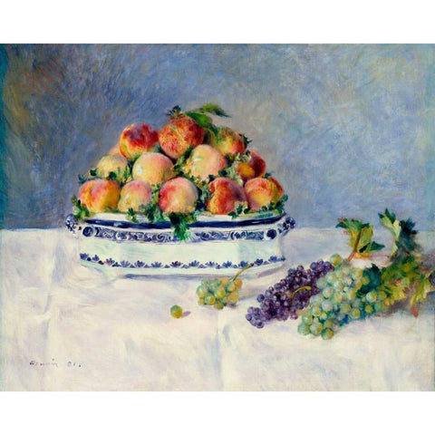 Still Life with Peaches and Grapes Gold Ornate Wood Framed Art Print with Double Matting by Renoir, Pierre-Auguste