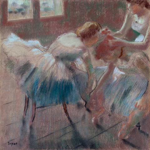 Three Dancers Preparing for Class White Modern Wood Framed Art Print with Double Matting by Degas, Edgar