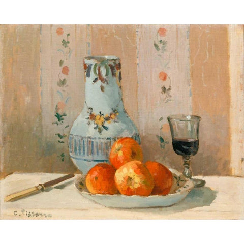 Still Life with Apples and Pitcher I Black Modern Wood Framed Art Print with Double Matting by Pissarro, Camille