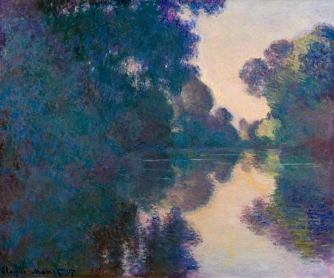 Morning on the Seine near Giverny White Modern Wood Framed Art Print with Double Matting by Monet, Claude