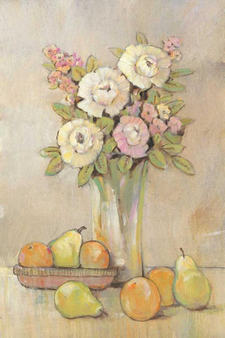 Still Life Study Flowers and Fruit I White Modern Wood Framed Art Print with Double Matting by OToole, Tim