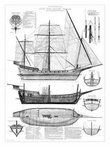 Custom Antique Ship Blueprint in BW I White Modern Wood Framed Art Print with Double Matting by Vision Studio