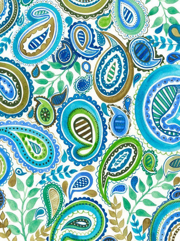 Blue and Green Paisley I White Modern Wood Framed Art Print with Double Matting by Moore, Regina