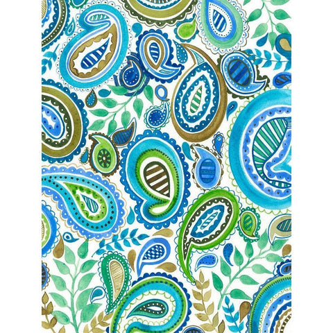 Blue and Green Paisley I Gold Ornate Wood Framed Art Print with Double Matting by Moore, Regina
