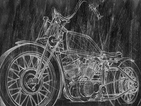 Motorcycle Mechanical Sketch II White Modern Wood Framed Art Print with Double Matting by Harper, Ethan