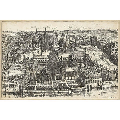 Birds Eye View of London - Westminster White Modern Wood Framed Art Print by Unknown