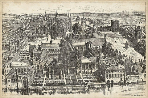 Birds Eye View of London - Westminster White Modern Wood Framed Art Print with Double Matting by Unknown