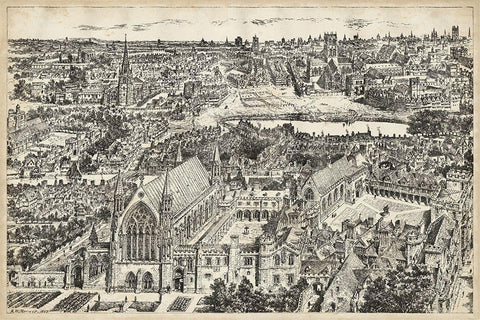 Birds Eye View of London - Ely Place White Modern Wood Framed Art Print with Double Matting by Unknown