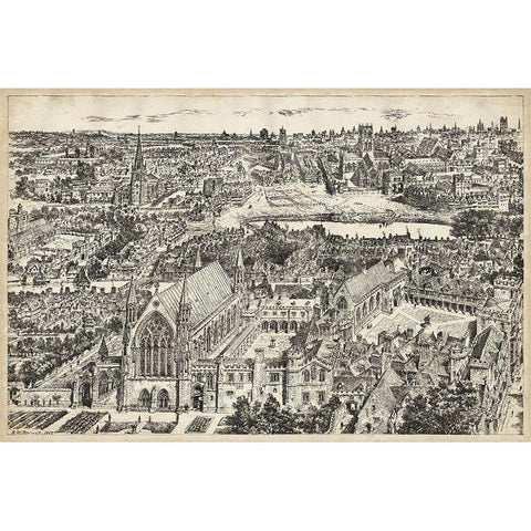 Birds Eye View of London - Ely Place White Modern Wood Framed Art Print by Unknown
