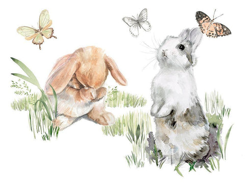 English Bunnies I White Modern Wood Framed Art Print with Double Matting by Parker, Jennifer Paxton