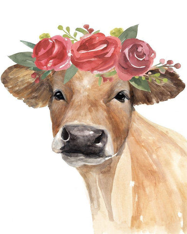Flowered Cow II White Modern Wood Framed Art Print with Double Matting by Warren, Annie