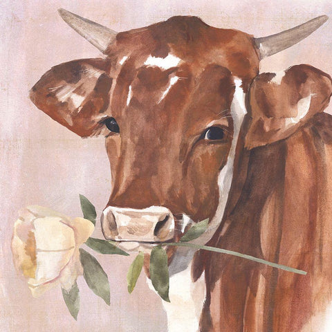 Peony Cow I Gold Ornate Wood Framed Art Print with Double Matting by Warren, Annie