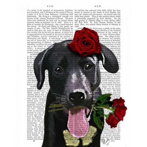 Black Labrador with Roses Black Modern Wood Framed Art Print by Fab Funky