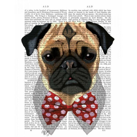 Pug with Red Spotted Bow Tie Black Modern Wood Framed Art Print by Fab Funky