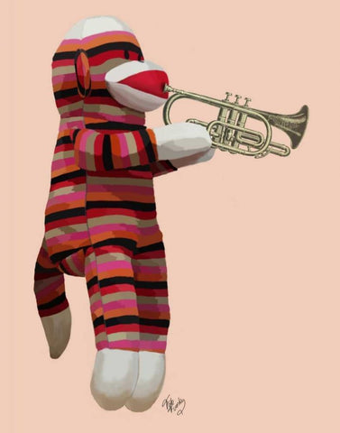 Sock Monkey Playing Trumpet White Modern Wood Framed Art Print with Double Matting by Fab Funky