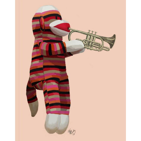 Sock Monkey Playing Trumpet White Modern Wood Framed Art Print by Fab Funky