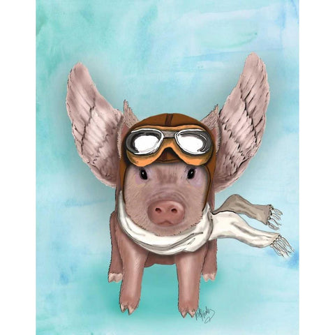 Aviator Piggy White Modern Wood Framed Art Print by Fab Funky