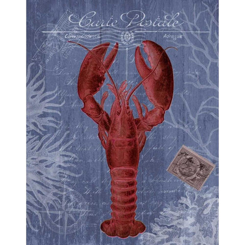 Seaside Postcard Red on Blue d Black Modern Wood Framed Art Print with Double Matting by Fab Funky