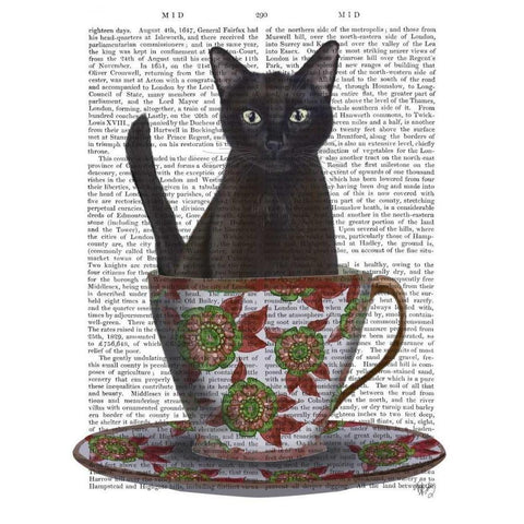 Black Cat in Teacup White Modern Wood Framed Art Print by Fab Funky