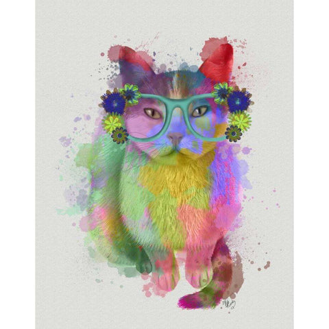 Cat Rainbow Splash 6 White Modern Wood Framed Art Print by Fab Funky