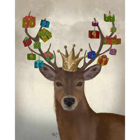 Christmas Gift Bearing Deer White Modern Wood Framed Art Print by Fab Funky