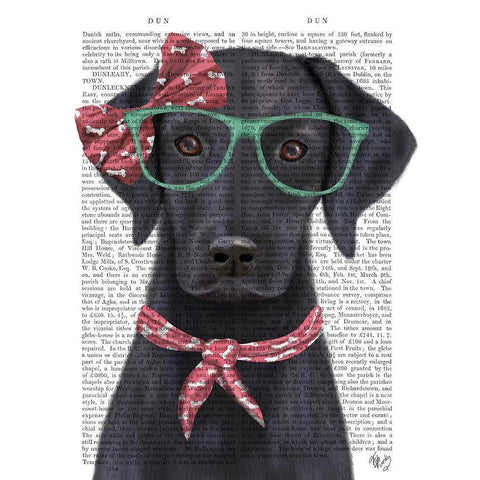Black Labrador with Glasses and Scarf Gold Ornate Wood Framed Art Print with Double Matting by Fab Funky