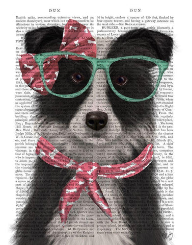 Border Collie, Black and White, with Glasses and Scarf Black Ornate Wood Framed Art Print with Double Matting by Fab Funky