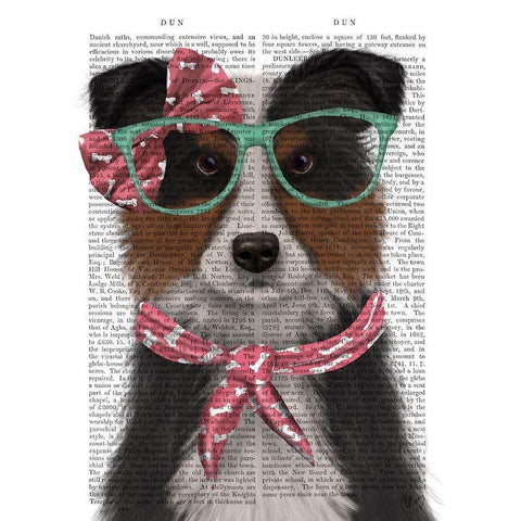 Border Collie, Tricolour, with Glasses and Scarf Gold Ornate Wood Framed Art Print with Double Matting by Fab Funky