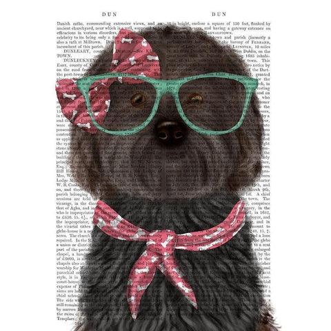 Cockerpoo, Black, with Glasses and Scarf Gold Ornate Wood Framed Art Print with Double Matting by Fab Funky