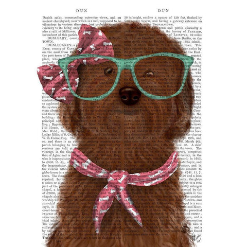 Cockerpoo, Chocolate, with Glasses and Scarf Gold Ornate Wood Framed Art Print with Double Matting by Fab Funky