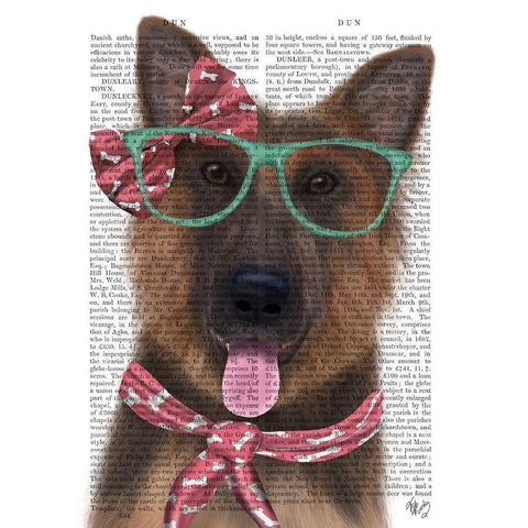 German Shepherd with Glasses and Scarf Gold Ornate Wood Framed Art Print with Double Matting by Fab Funky