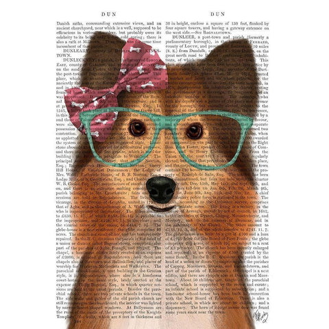 Shetland Sheepdog with Pink Bow Gold Ornate Wood Framed Art Print with Double Matting by Fab Funky